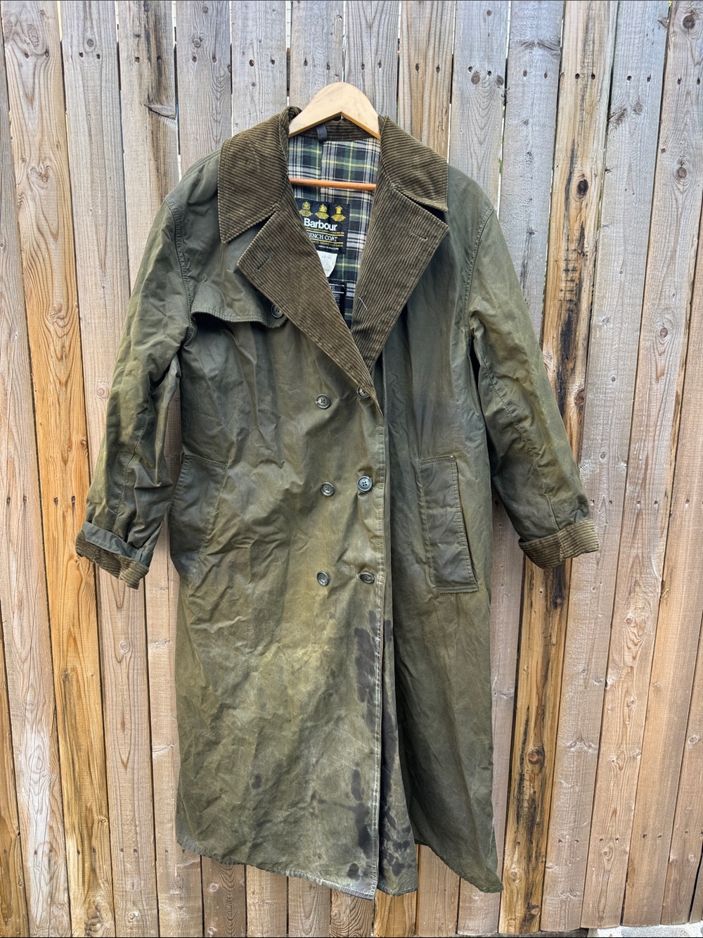 Barbour Olive Green Waxed Cotton Trench Coat with Corduroy Collar